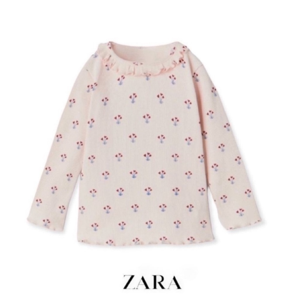 Zara Kids | Pink | Ruffly Floral Rib Shirt, 9-12 M
